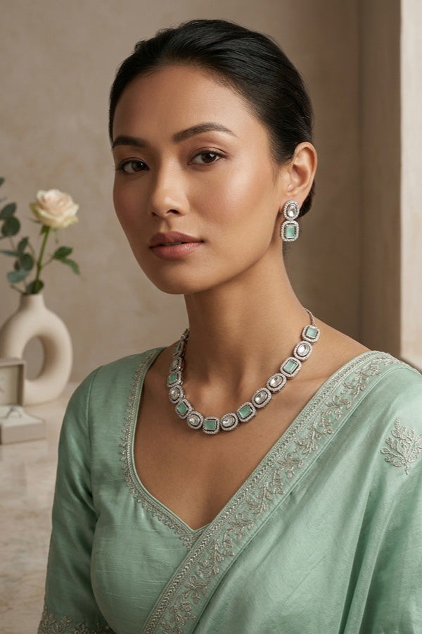 High Quality Kundan In Silver Polish With Mint Green Stones And Small Earrings (NKS037-SM)