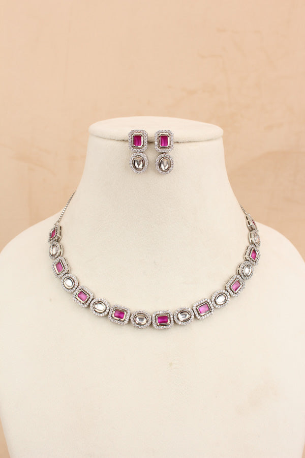 High Quality Kundan In Silver Polish With Pink Stones And Small Earrings (NKS037-SP)