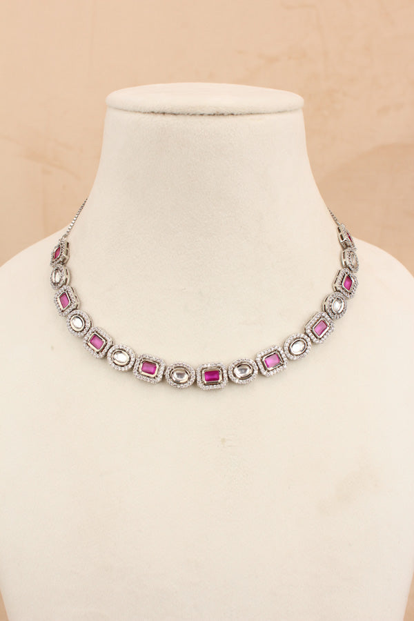 High Quality Kundan In Silver Polish With Pink Stones And Small Earrings (NKS037-SP)
