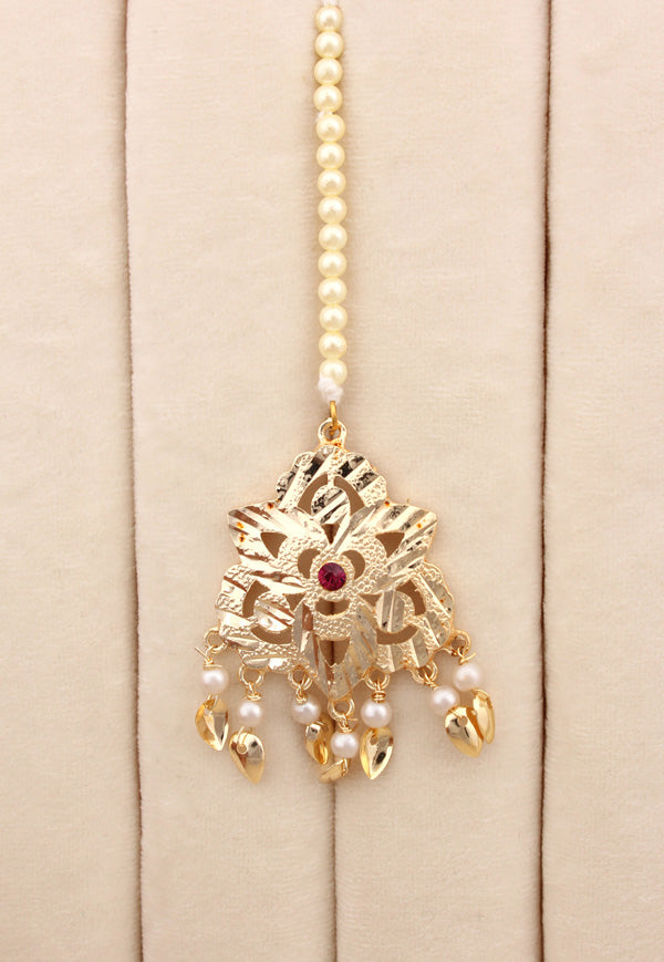 Jadau Gold Plated Necklace Set With Matching Earrings And Tikka (PJNS005)