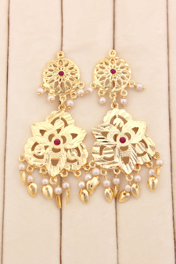 Jadau Gold Plated Necklace Set With Matching Earrings And Tikka (PJNS005)