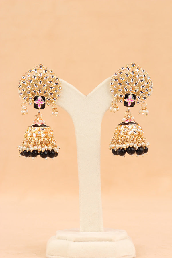 Jhumka Earrings In Black Colour And Flower Design (JH002-BL-B1)