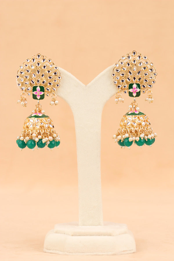 Jhumka Earrings In Green Colour And Flower Design (JH002-G-B1)