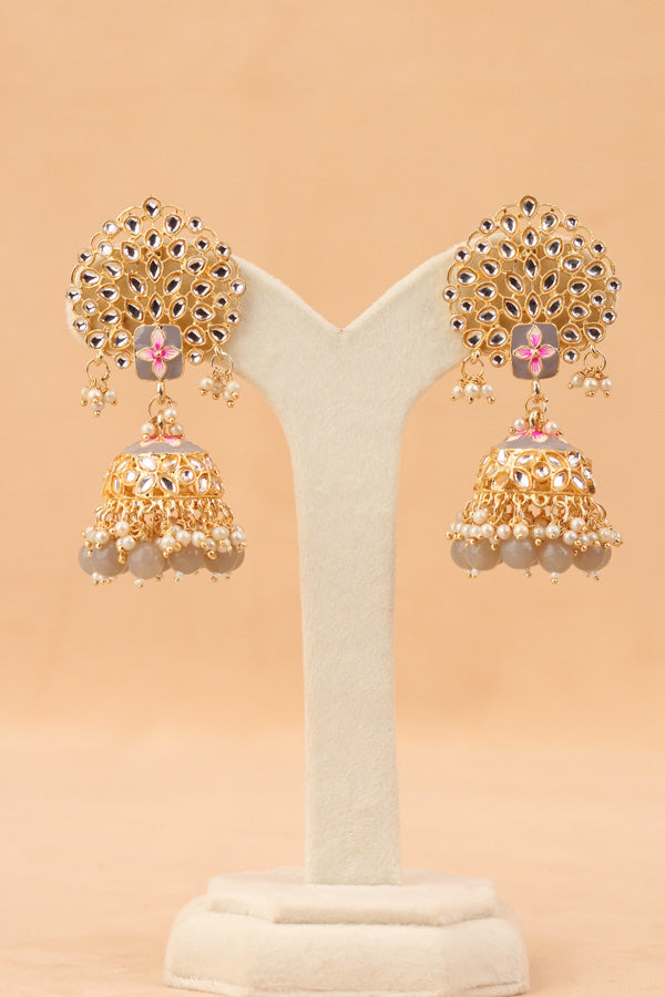 Jhumka Earrings In Grey Colour And Flower Design (JH002-GY-B1)