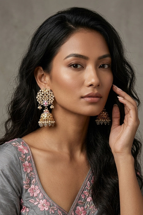 Jhumka Earrings In Grey Colour And Flower Design
