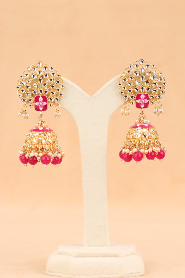 Jhumka Earrings In Hot Pink Colour And Flower Design (JH002-HP-B1)