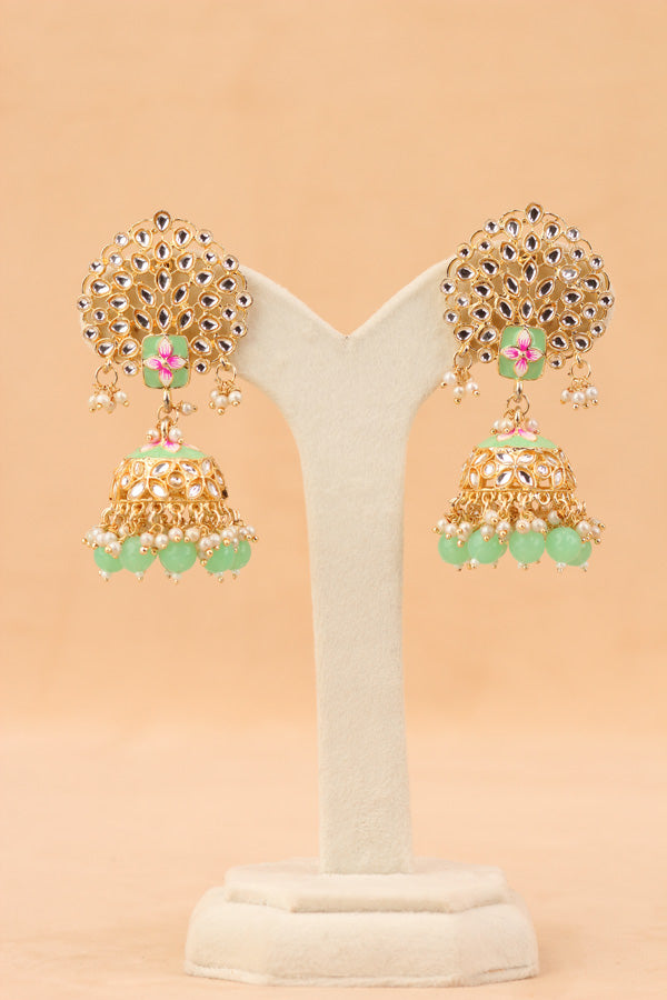 Jhumka Earrings In Light Green Colour And Flower Design (JH002-LG-B1)