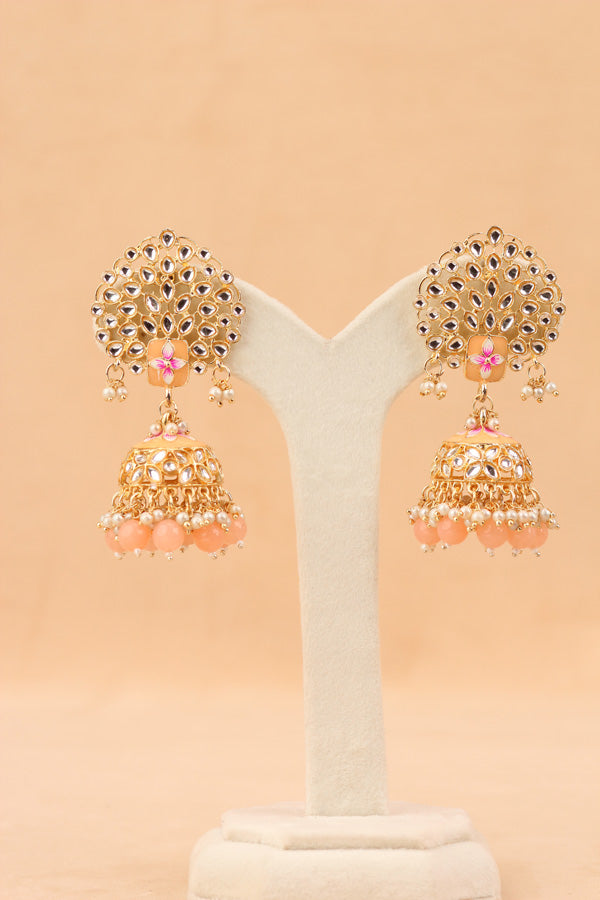 Jhumka Earrings In Peach Colour And Flower Design (JH002-PE-B1)