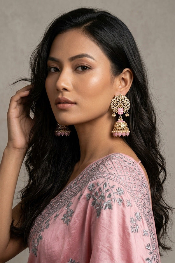 Jhumka Earrings In Pink Colour And Flower Design