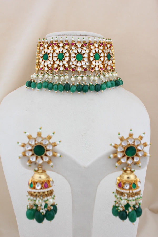 Kundan Choker Necklace With Jhumka Earrings And Tikka(CKS001-Kundan)