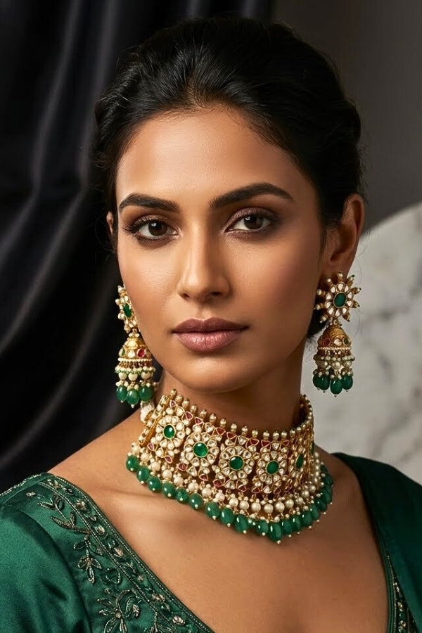Kundan Choker Necklace With Jhumka Earrings And Tikka(CKS001-Kundan)