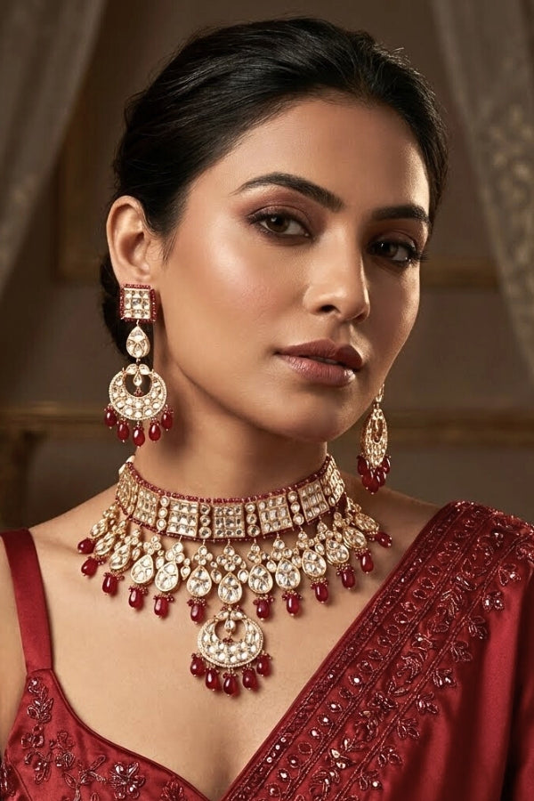 Kundan Choker Necklace With Pendants Also Earrings And Tikka(CKS002-Kundan)
