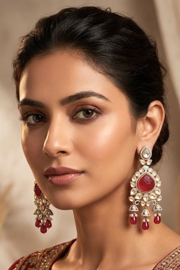 Kundan Earring With Red Pearls (EK002-Kundan)