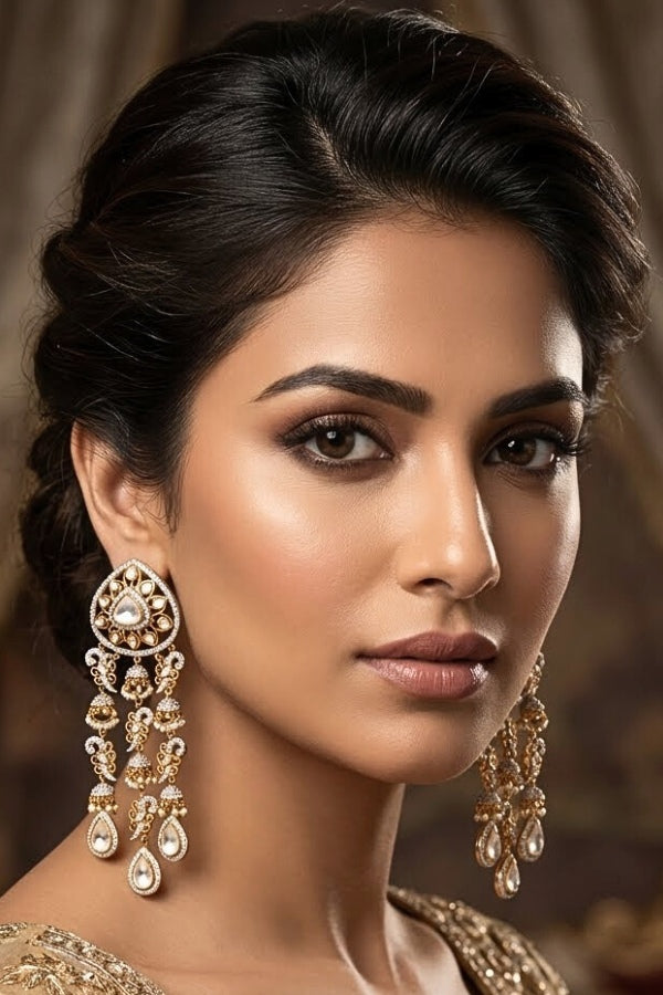 Kundan Earrings With Long Chandelier Attached (EK006-Kundan)