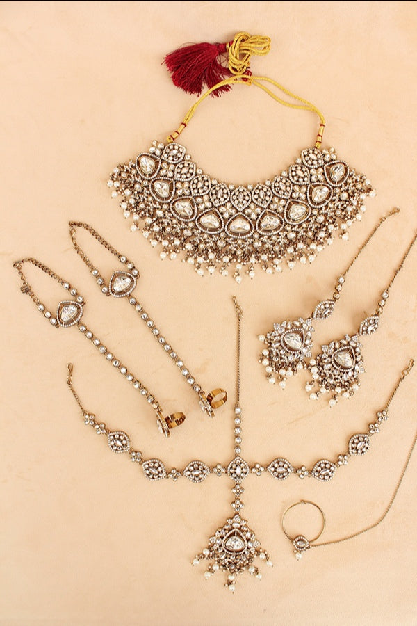 Kundan Look Bridal Necklace Set With Small White Pearls Attached (BS011-White)