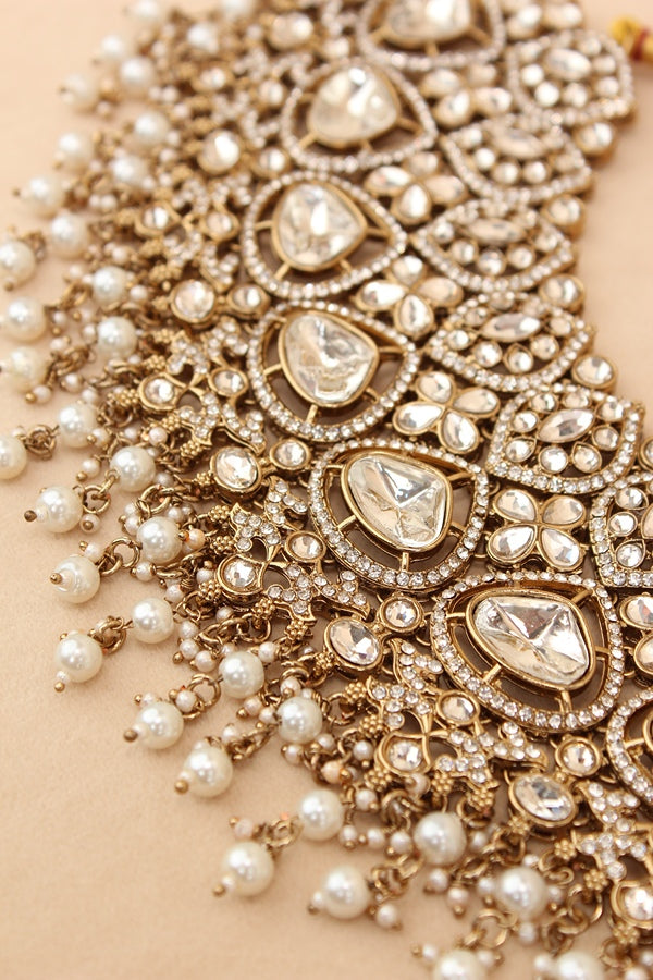 Kundan Look Bridal Necklace Set With Small White Pearls Attached (BS011-White)