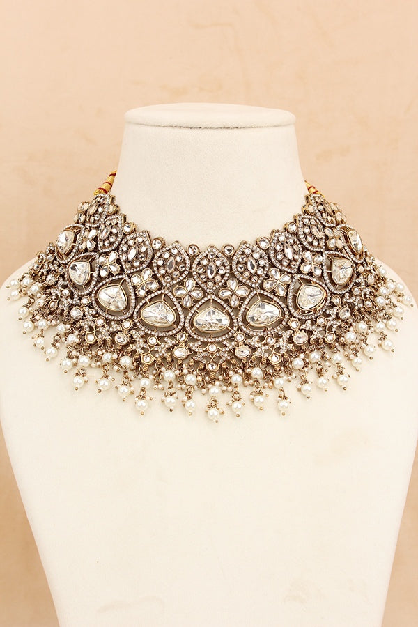Kundan Look Bridal Necklace Set With Small White Pearls Attached (BS011-White)