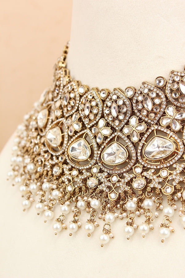 Kundan Look Bridal Necklace Set With Small White Pearls Attached (BS011-White)