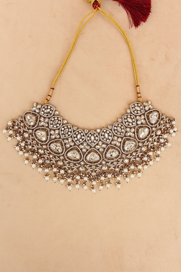 Kundan Look Bridal Necklace Set With Small White Pearls Attached (BS011-White)