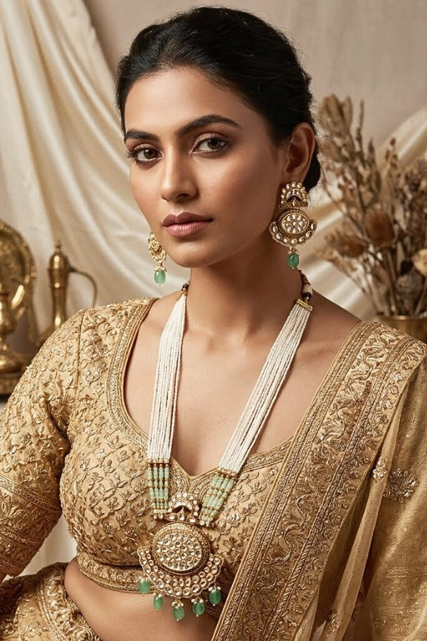 Kundan Mala With Crystal Beads And Large Pendant With Matching Small Earings  (LKN006LG-Kundan)