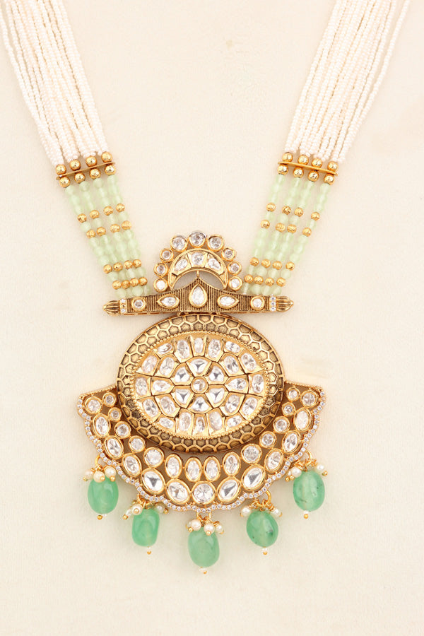 Kundan Mala With Crystal Beads And Large Pendant With Matching Small Earings  (LKN006LG-Kundan)