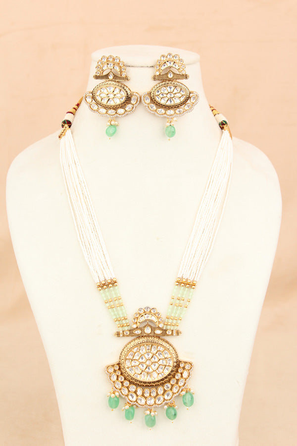 Kundan Mala With Crystal Beads And Large Pendant With Matching Small Earings  (LKN006LG-Kundan)