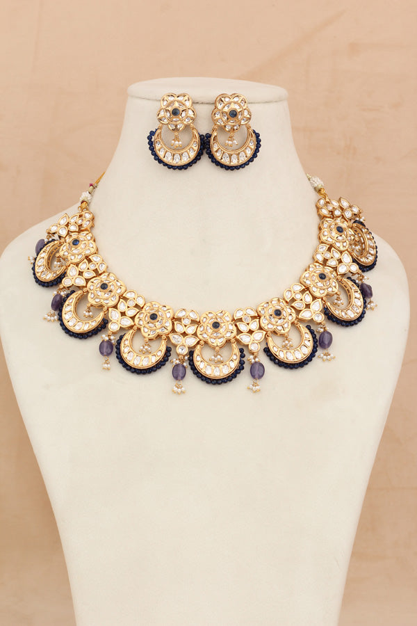 Kundan Necklace Set With Flower Design And Individual blue Colour Pearls Attached With Same Design Earrings  (NS033B-K)