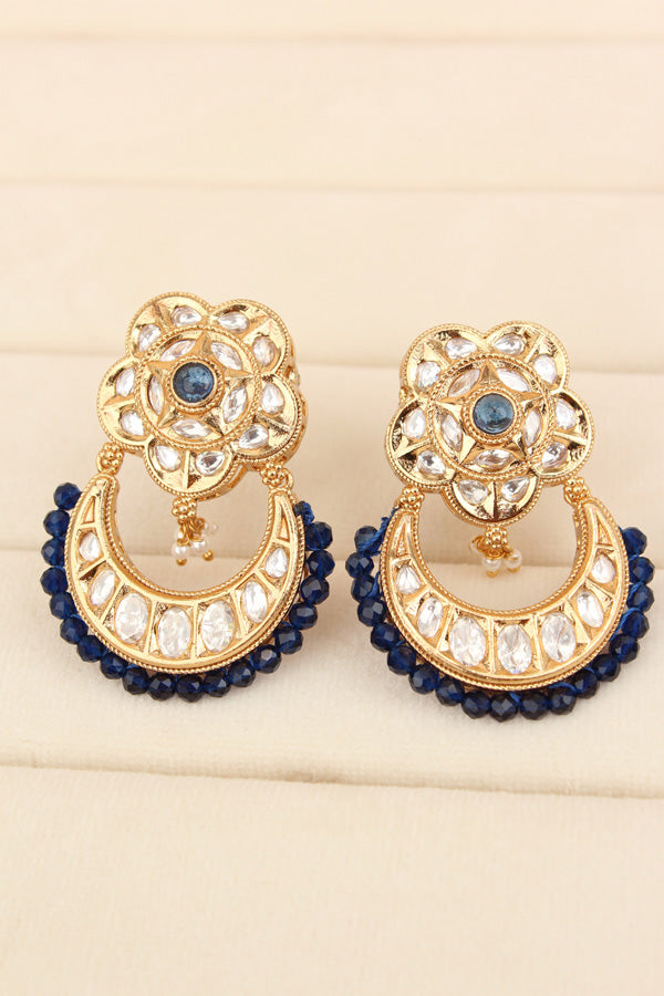 Kundan Necklace Set With Flower Design And Individual blue Colour Pearls Attached With Same Design Earrings  (NS033B-K)