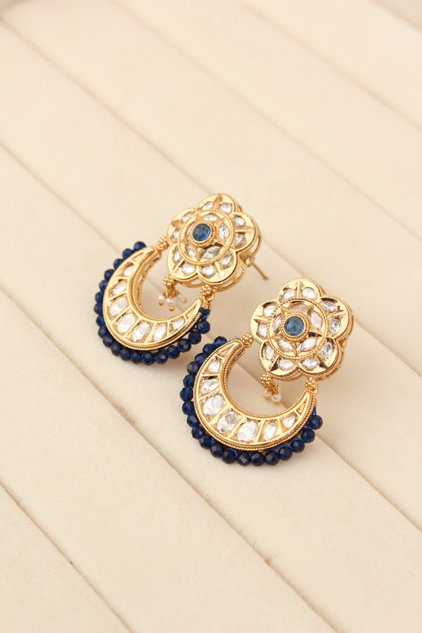 Kundan Necklace Set With Flower Design And Individual blue Colour Pearls Attached With Same Design Earrings  (NS033B-K)