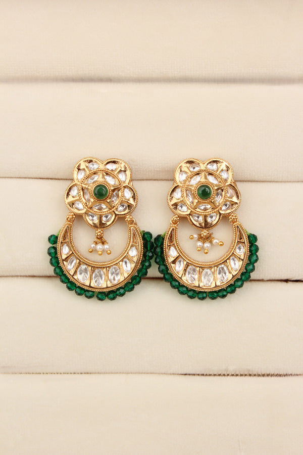 Kundan Necklace Set With Flower Design And Individual Green Colour Pearls Attached With Same Design Earrings  (NS033G-Kundan)