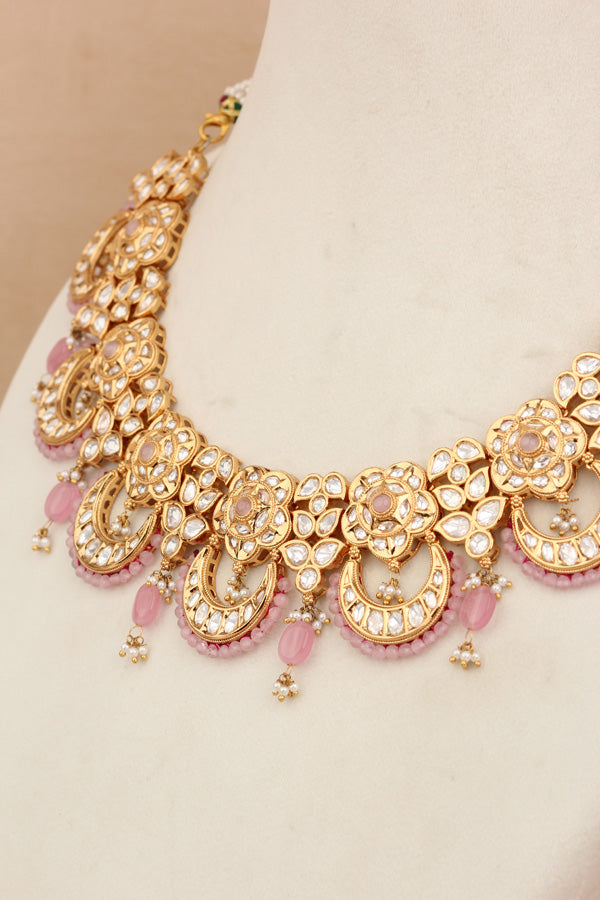 Kundan Necklace Set With Flower Design And Individual Pink Colour Pearls Attached With Same Design Earrings  (NS033P-Kundan)