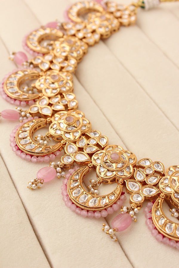 Kundan Necklace Set With Flower Design And Individual Pink Colour Pearls Attached With Same Design Earrings  (NS033P-Kundan)