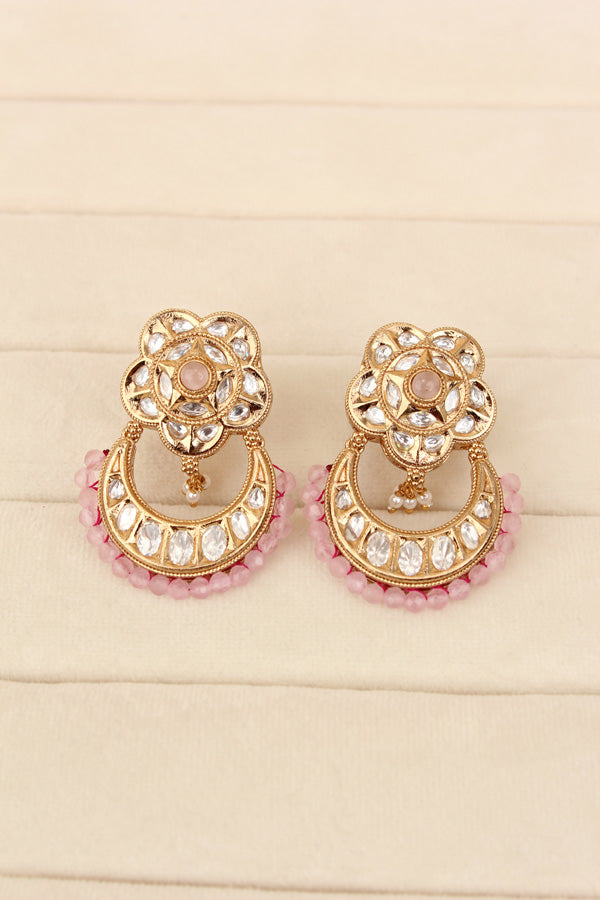 Kundan Necklace Set With Flower Design And Individual Pink Colour Pearls Attached With Same Design Earrings  (NS033P-Kundan)