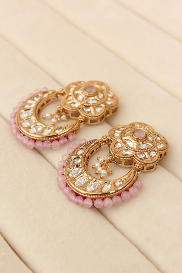 Kundan Necklace Set With Flower Design And Individual Pink Colour Pearls Attached With Same Design Earrings  (NS033P-Kundan)