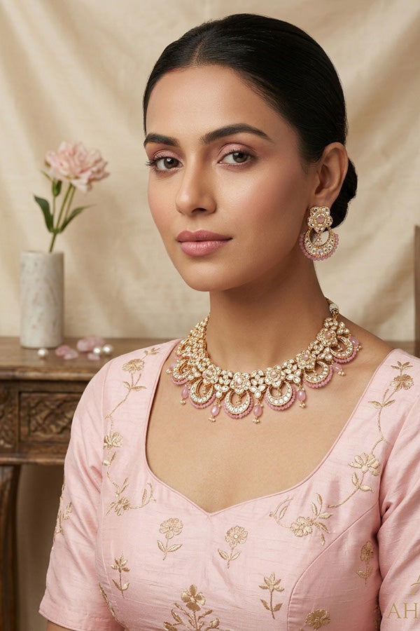 Kundan Necklace Set With Flower Design And Individual Pink Colour Pearls Attached With Same Design Earrings  (NS033P-Kundan)