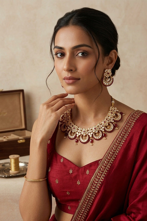 Kundan Necklace Set With Flower Design And Individual Ruby Colour Pearls Attached With Same Design Earrings  (NS033RU-K)