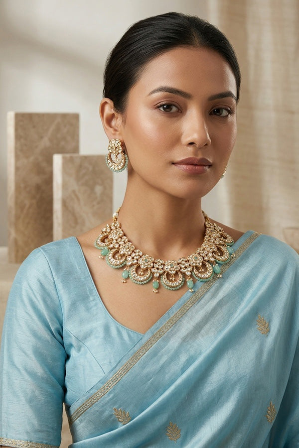 Kundan Necklace Set With Flower Design And Individual Sky Blue Colour Pearls Attached With Same Design Earrings  (NS033SB-Kundan)
