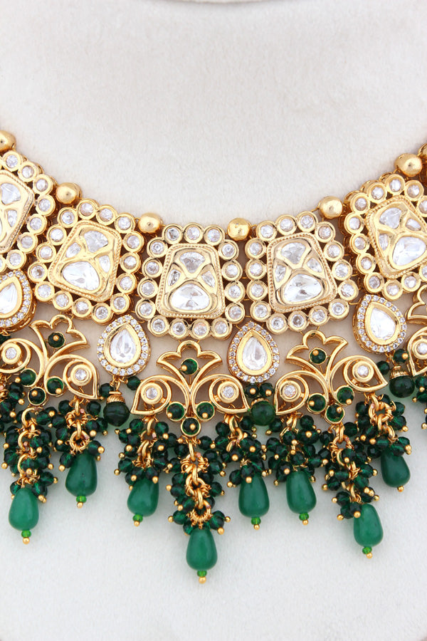 Kundan Necklace With American Diamonds And Green Pearls With Earrings And Matching Tikka(NK003-RG-K-B1)