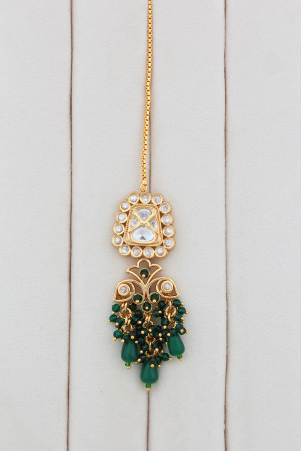 Kundan Necklace With American Diamonds And Green Pearls With Earrings And Matching Tikka(NK003-RG-K-B1)