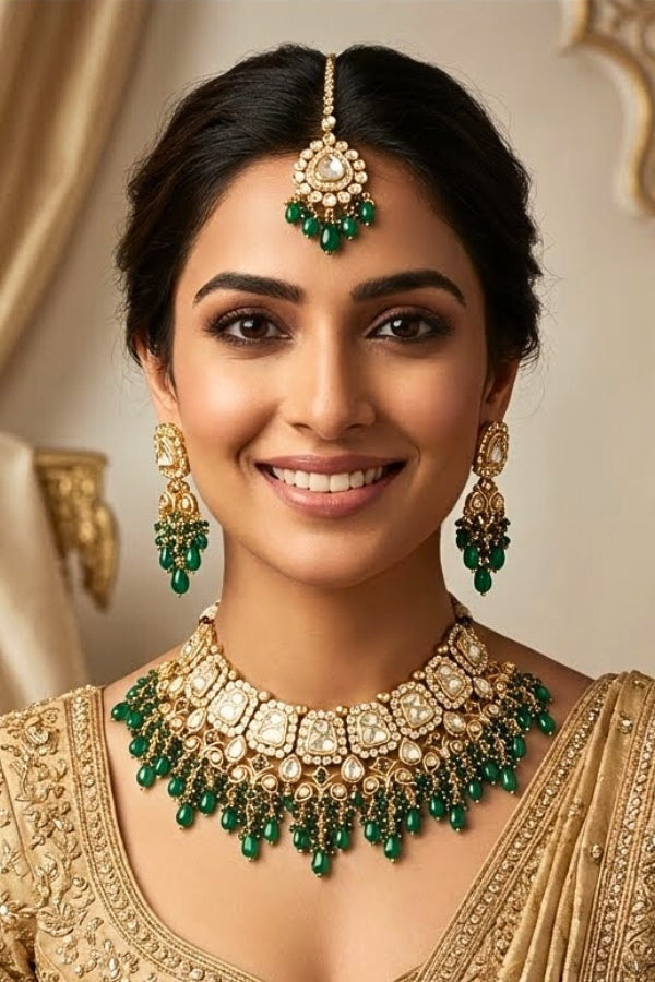 Kundan Necklace With American Diamonds And Red And Green Pearls With Earrings And Matching Tikka (NS003-G-K-B1)