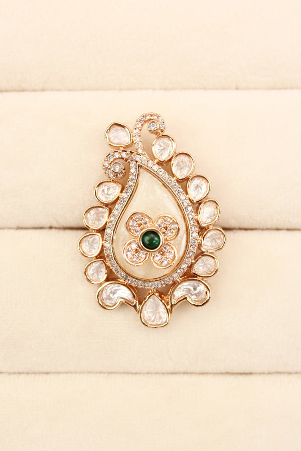Kundan Teardrop Ring Framed With Small American Diamonds And Center Flower And Green Colour Stone Adjustable Ring (KR002-G)