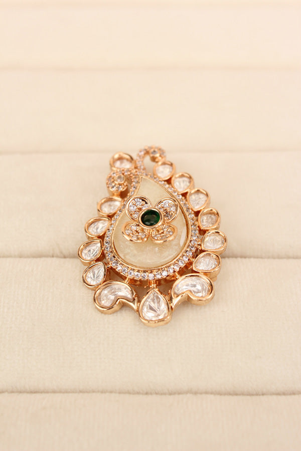 Kundan Teardrop Ring Framed With Small American Diamonds And Center Flower And Green Colour Stone Adjustable Ring (KR002-G)