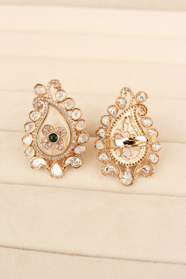 Kundan Teardrop Ring Framed With Small American Diamonds And Center Flower And Green Colour Stone Adjustable Ring (KR002-G)