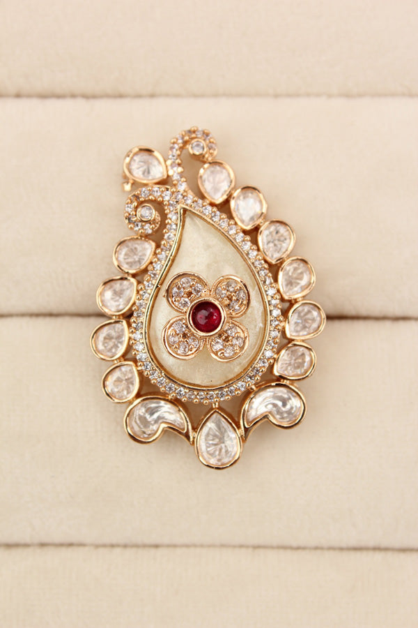Kundan Teardrop Ring Framed With Small American Diamonds And Center Flower And Red Colour Stone Adjustable Ring (KR002-R)