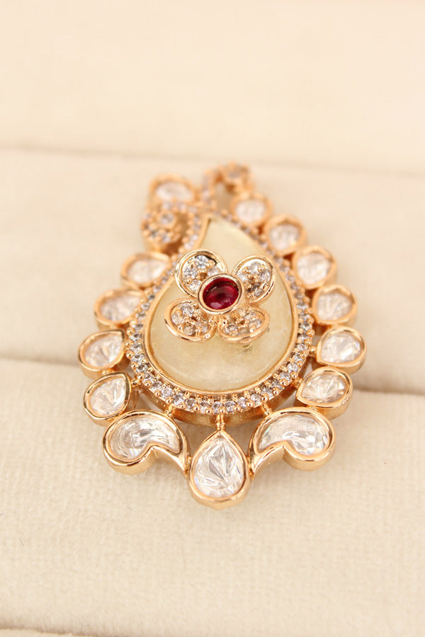 Kundan Teardrop Ring Framed With Small American Diamonds And Center Flower And Red Colour Stone Adjustable Ring (KR002-R)