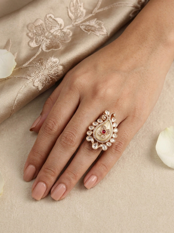 Kundan Teardrop Ring Framed With Small American Diamonds And Center Flower And Red Colour Stone Adjustable Ring (KR002-R)
