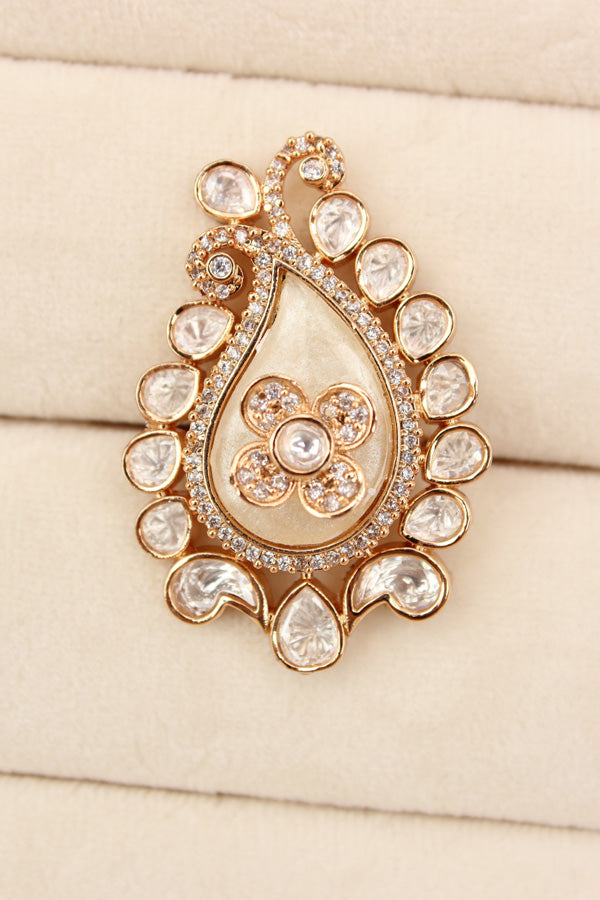 Kundan Teardrop Ring Framed With Small American Diamonds And Center Flower And White Colour Stone Adjustable Ring (KR002-W)