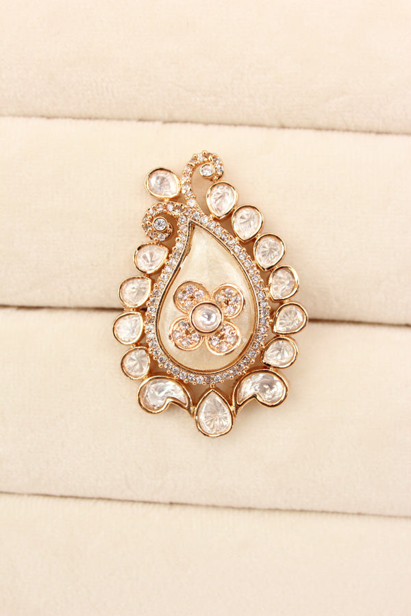 Kundan Teardrop Ring Framed With Small American Diamonds And Center Flower And White Colour Stone Adjustable Ring (KR002-W)