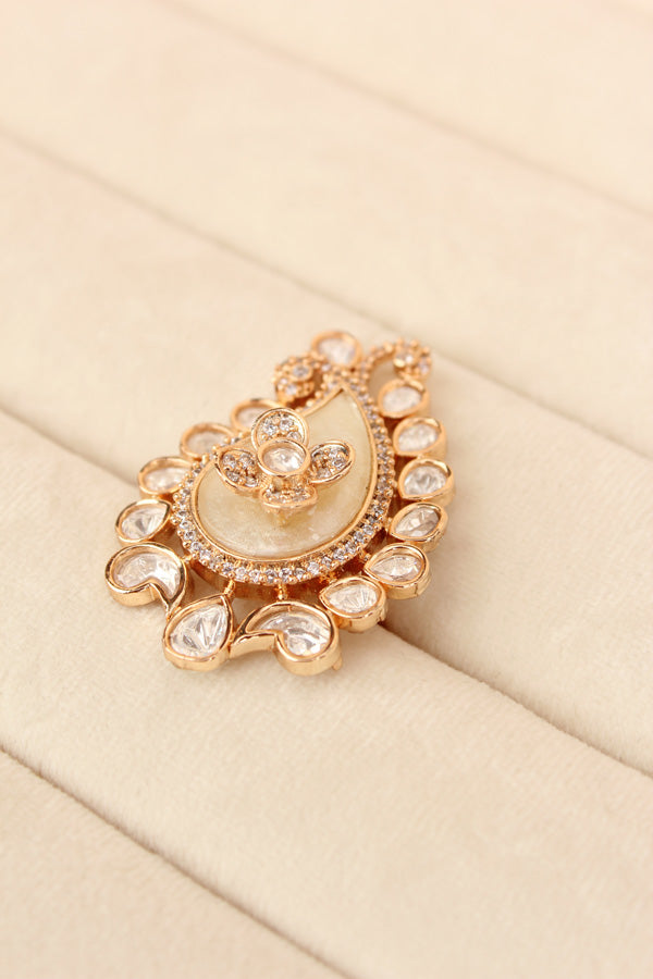 Kundan Teardrop Ring Framed With Small American Diamonds And Center Flower And White Colour Stone Adjustable Ring (KR002-W)