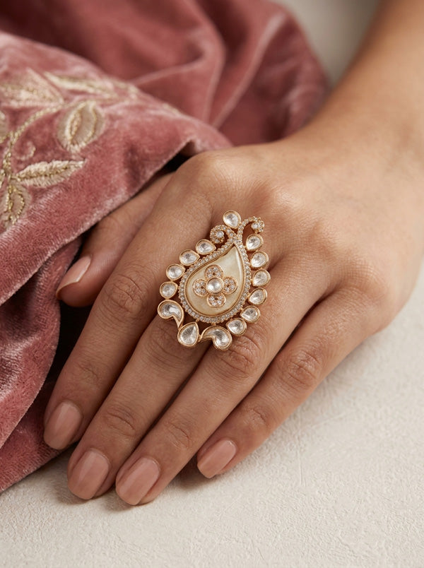 Kundan Teardrop Ring Framed With Small American Diamonds And Center Flower And White Colour Stone Adjustable Ring (KR002-W)